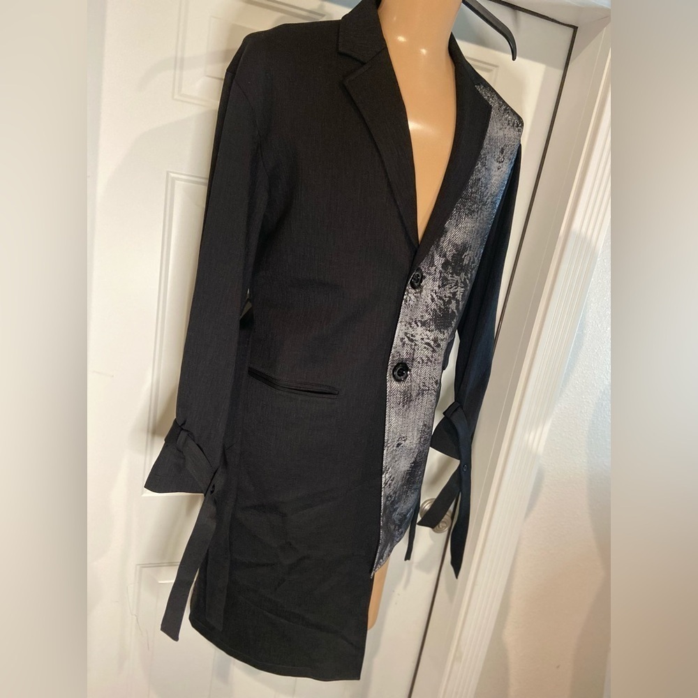 Geranx Men’s Style~Asymmetric~Color Block~Graphic~Belt~Trench/Suit Coat~Size XL - Picture 3 of 16
